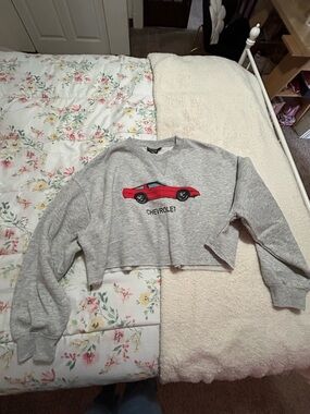 Aeropostale Gray Cropped Crewneck with Red Car Graphic